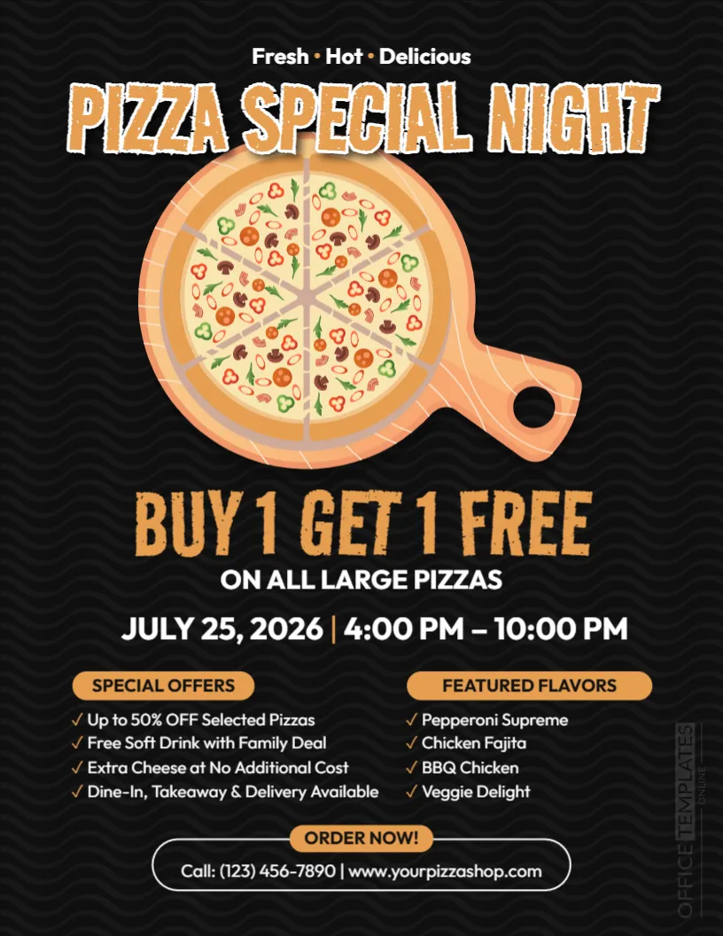 Pizza Special Night Flyer Template – Buy 1 Get 1 Free Pizza Promotion Design