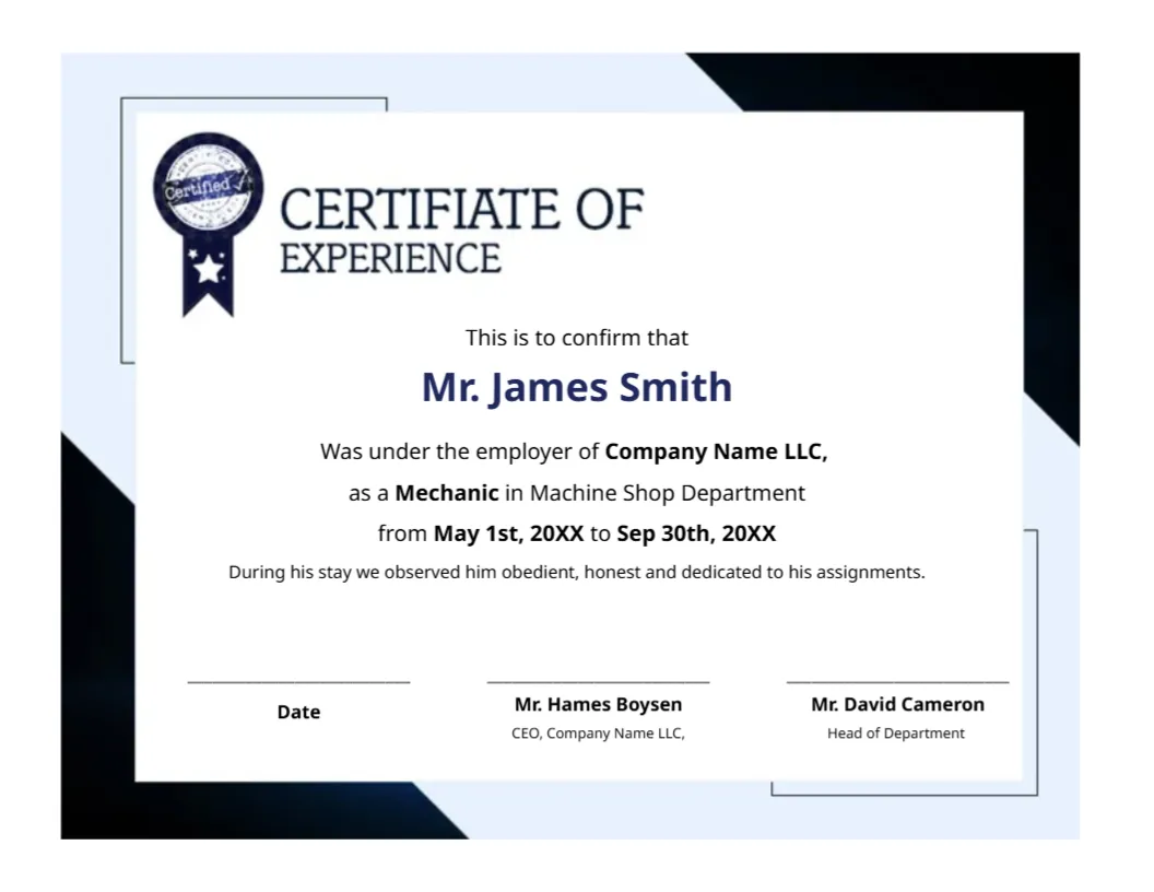 Experience Certificate Template – Edit Online & Download Instantly