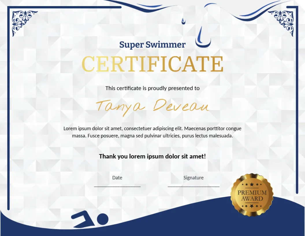 Swimming Sports Certificate Template – Editable Swimming Achievement Certificate