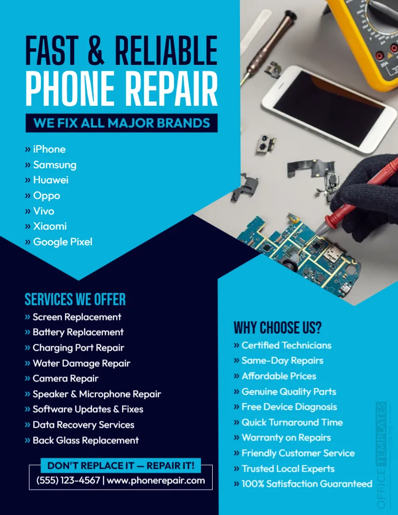 Mobile Phone Repair Flyer Template – Editable Smartphone Repair Services Flyer