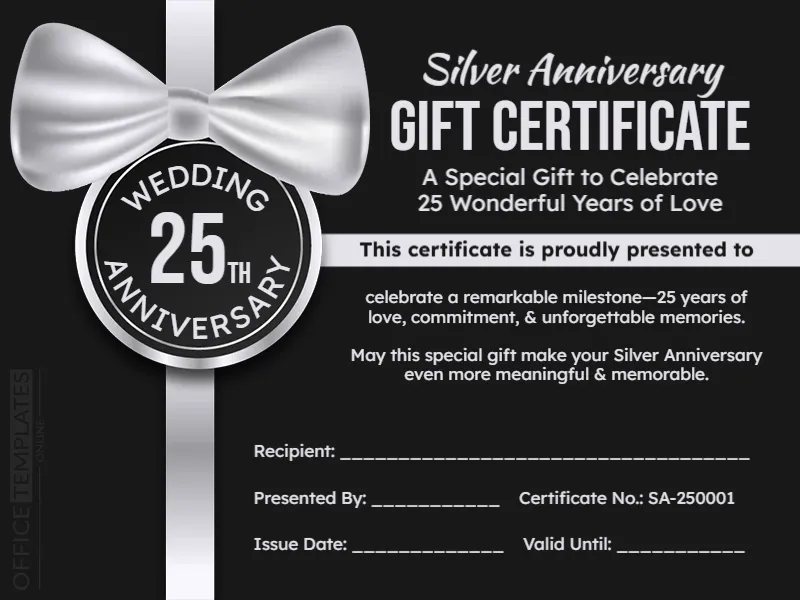 Silver Anniversary Gift Certificate Template – Editable 25th Wedding Anniversary Certificate