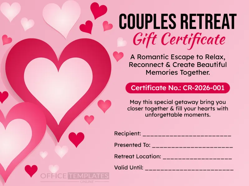 Couples Retreat Gift Certificate Template – Editable Romantic Getaway Certificate