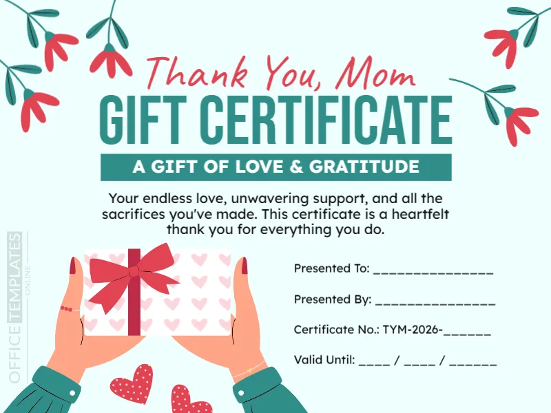 Thank You Mom Gift Certificate Template – Editable & Printable