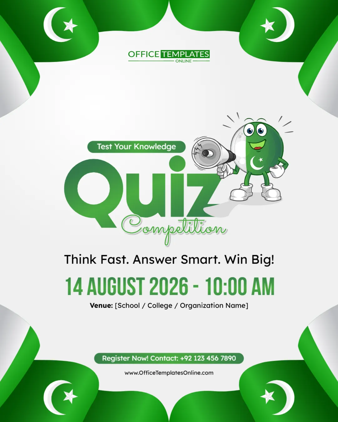Editable Pakistan Independence Day Quiz Competition Poster Template