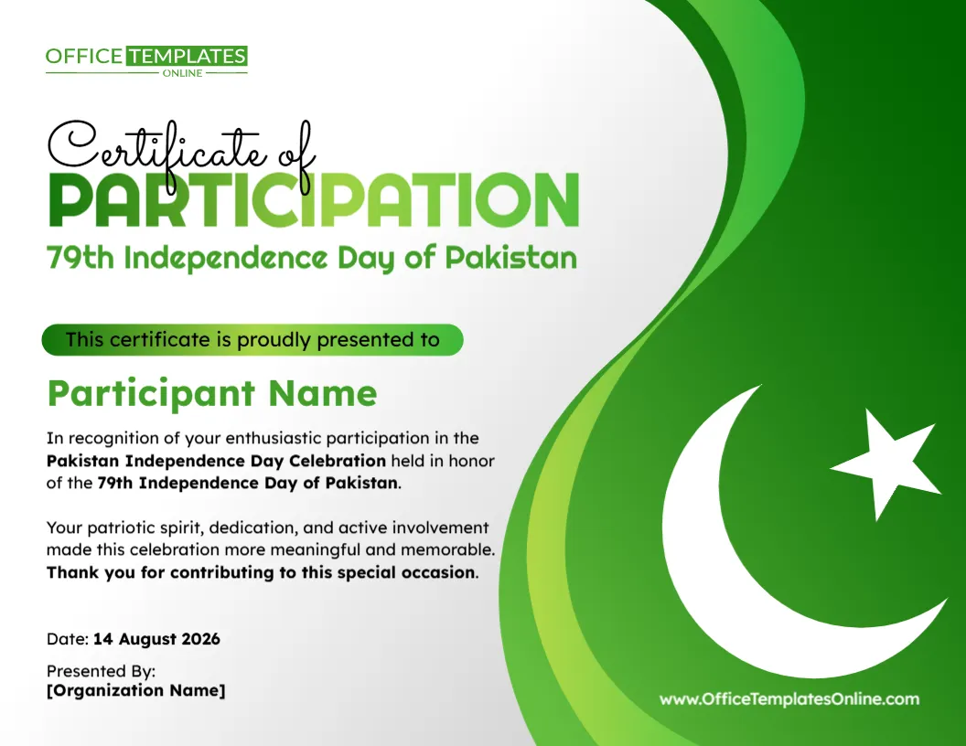 Editable Pakistan Independence Day Participation Certificate Template