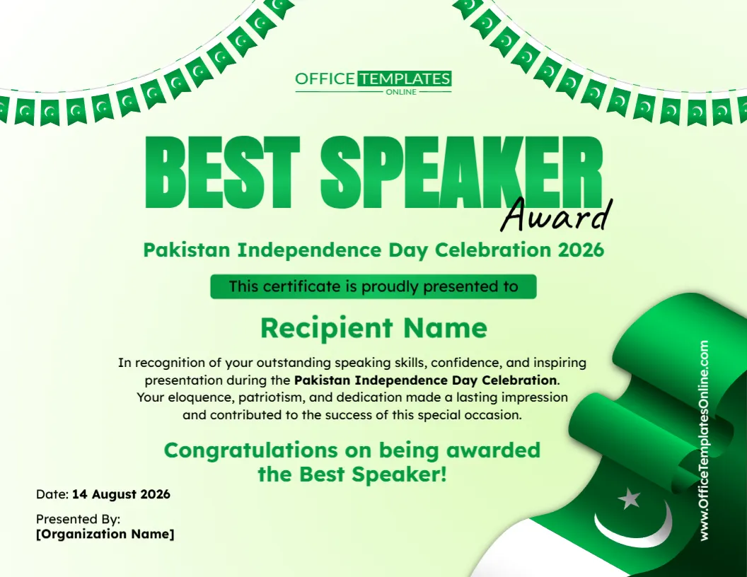Pakistan Independence Day Best Speaker Certificate Template – Edit Online