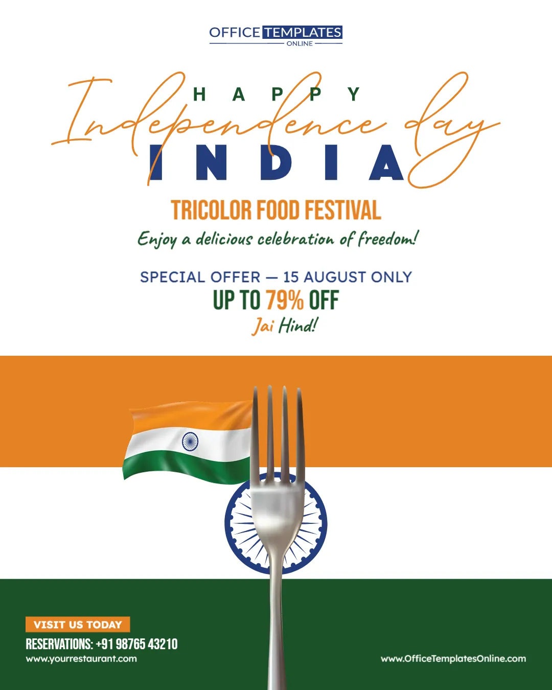 Editable Restaurant Independence Day Poster Template for 15 August Offers