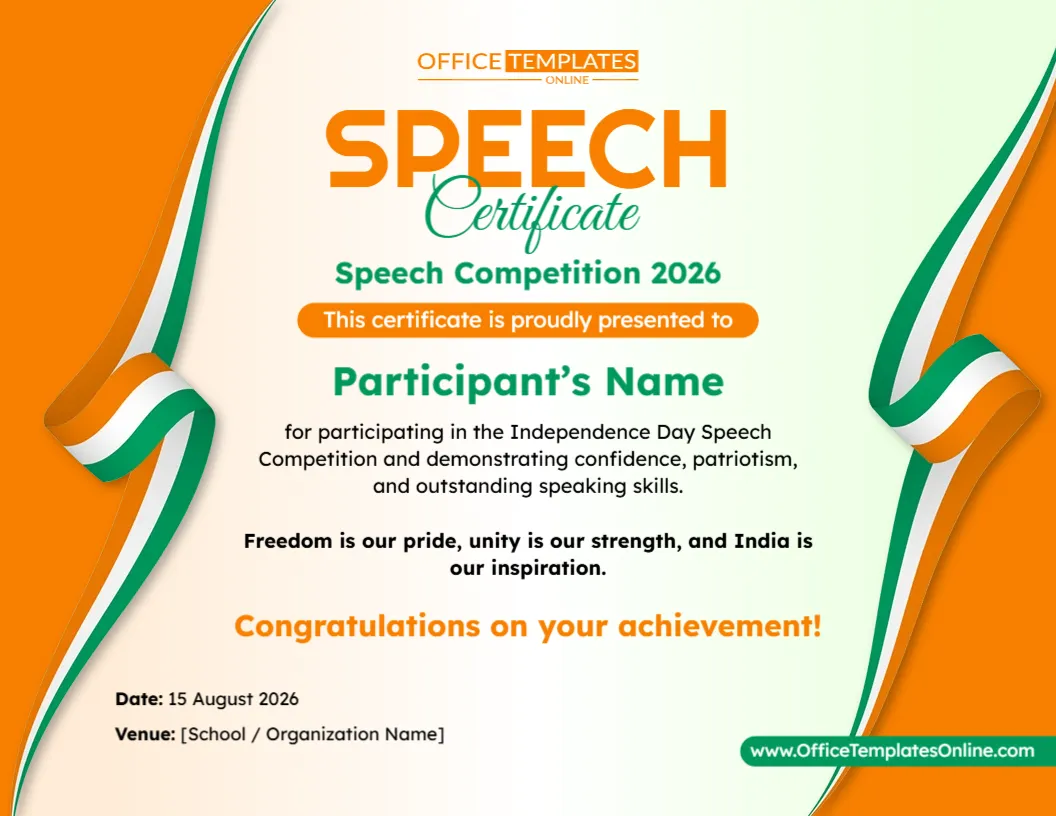 Editable Independence Day Speech Competition Certificate Template