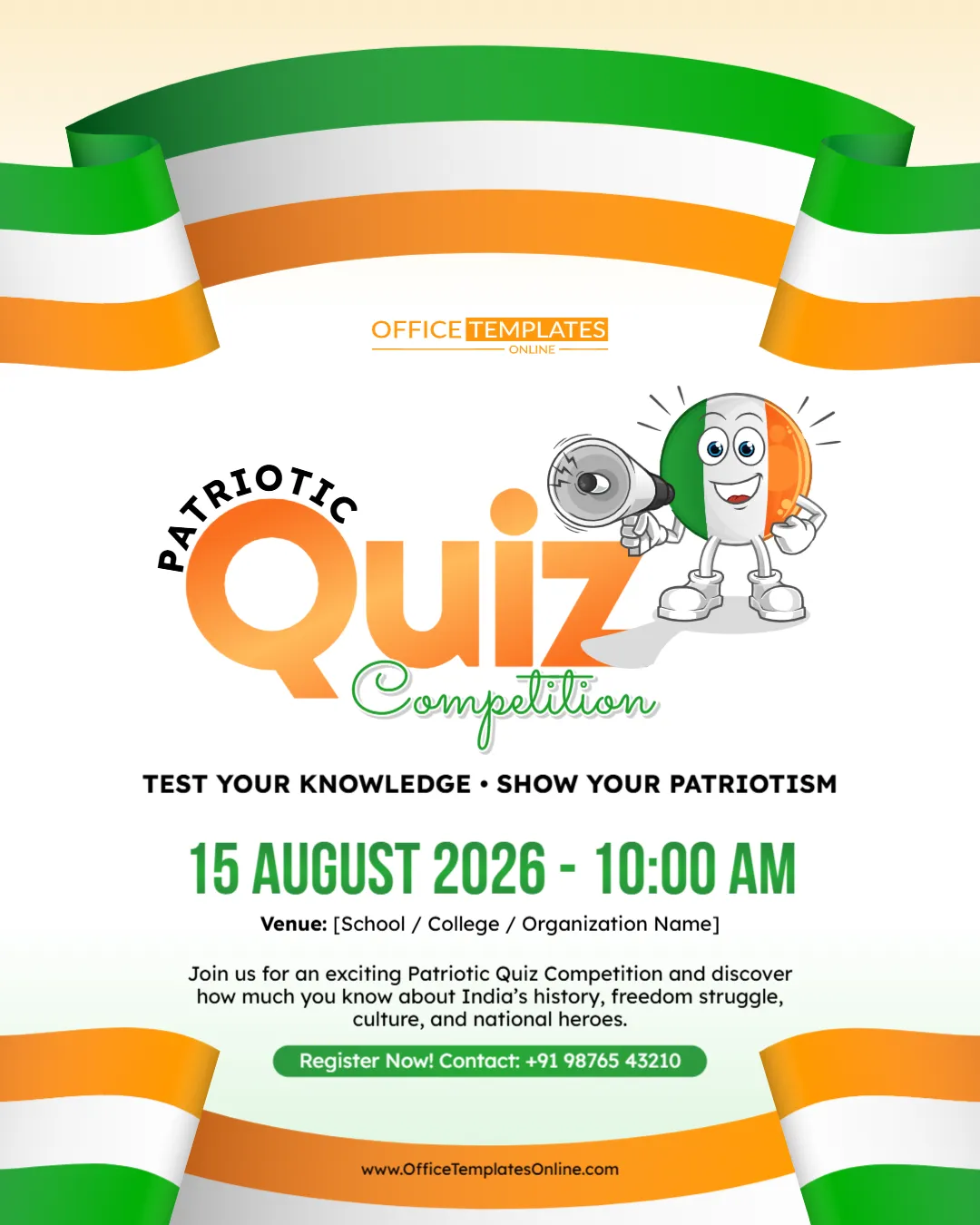 Editable Patriotic Quiz Competition Poster Template for Independence Day