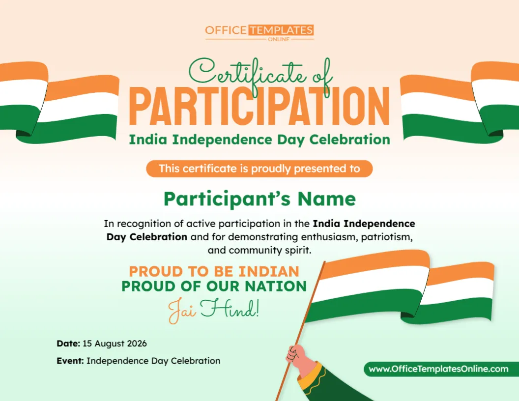 Editable Independence Day Participation Certificate Template