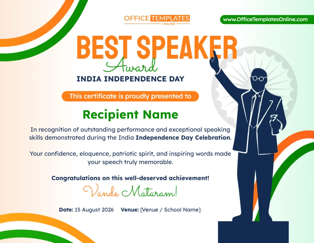 Editable Independence Day Best Speaker Certificate Template