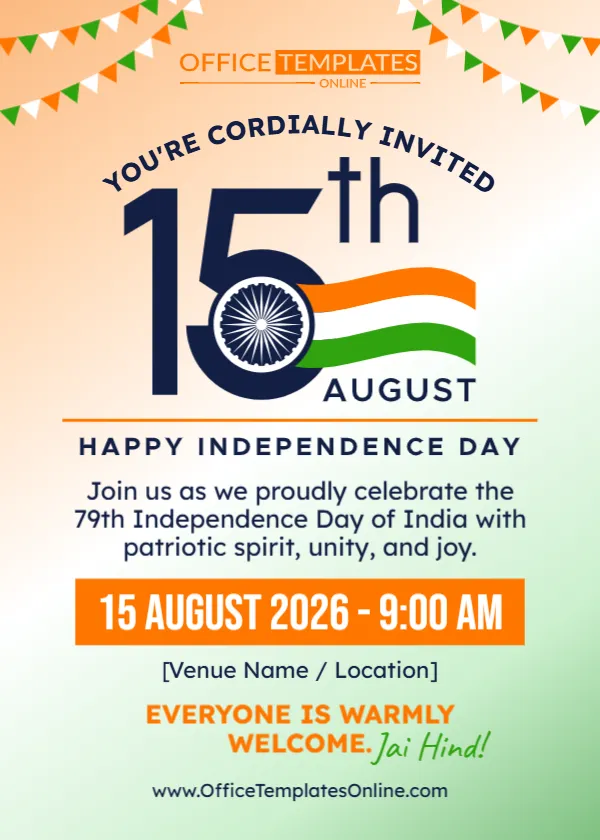 Indian Independence Day Invitation Card Template for 15 August