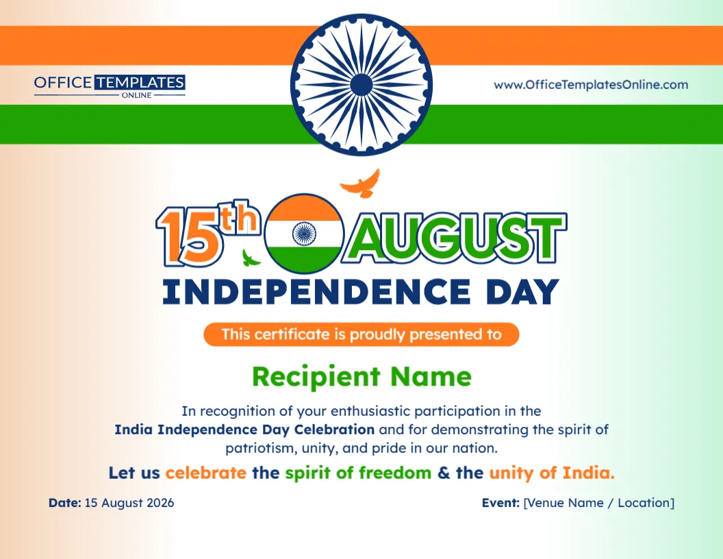 Indian Independence Day Certificate Template for 15 August Celebrations