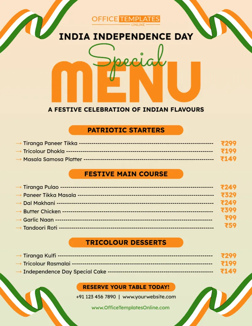 Indian Independence Day Restaurant Special Menu Template