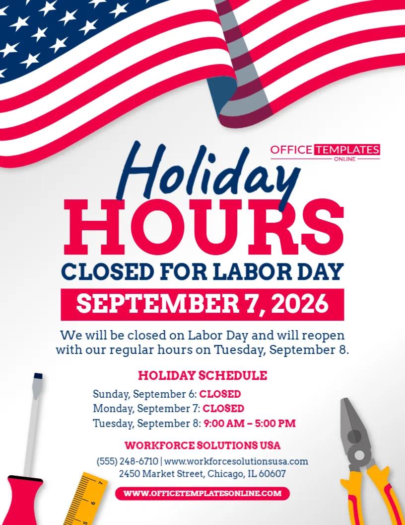 Labor Day Holiday Hours Sign Template