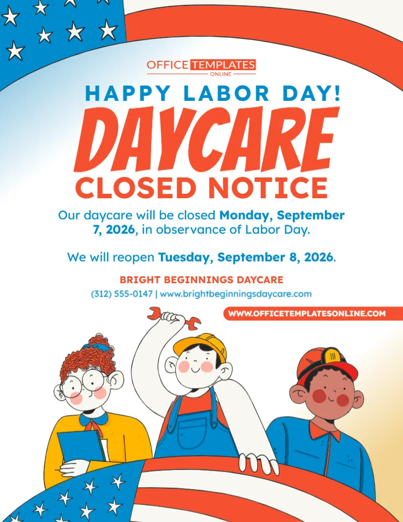 Labor Day Daycare Closed Notice Template