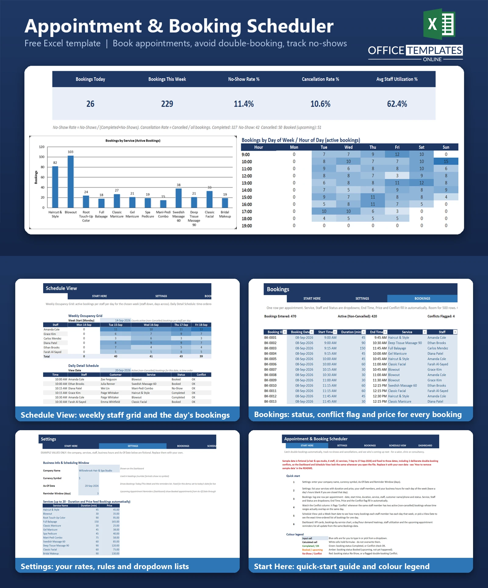 Excel Appointment Booking Scheduler for managing appointments, bookings, reminders, no-shows, and scheduling conflicts