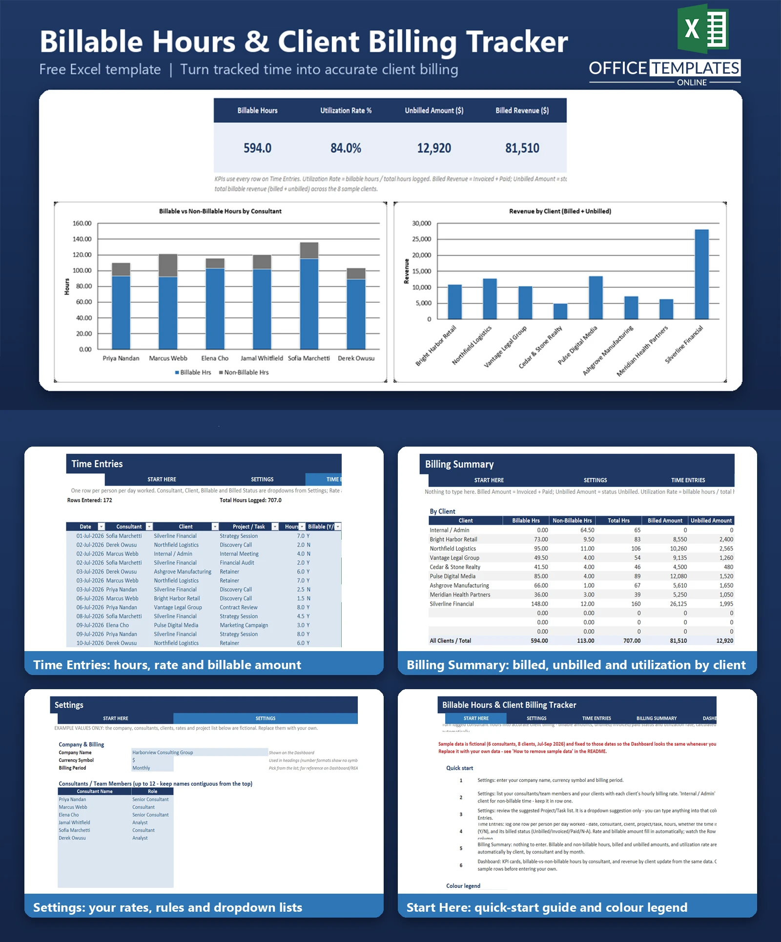 Excel Billable Hours Client Billing Tracker for tracking billable hours, client invoices, payments, billing amounts, and utilization rates