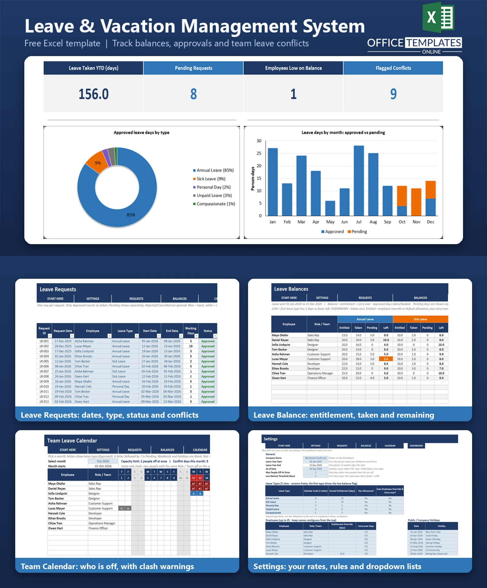 Excel Leave and Vacation Management System for tracking leave requests, approvals, balances, team schedules, and vacation conflicts