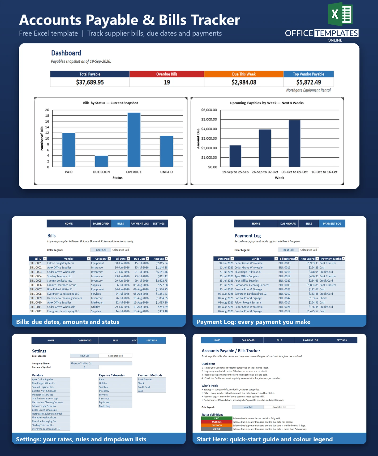 Excel Accounts Payable Bills Tracker for managing supplier bills, due dates, payments, and overdue balances