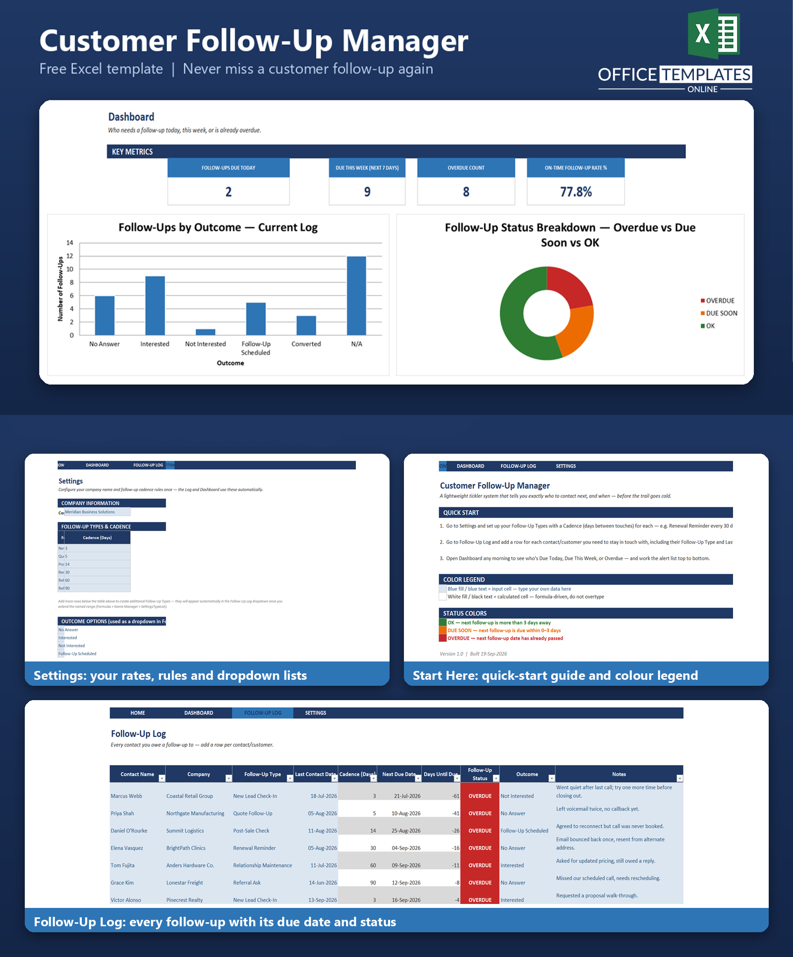 Customer follow-up manager for tracking customer contacts, follow-up dates, tasks, and communication status in Excel