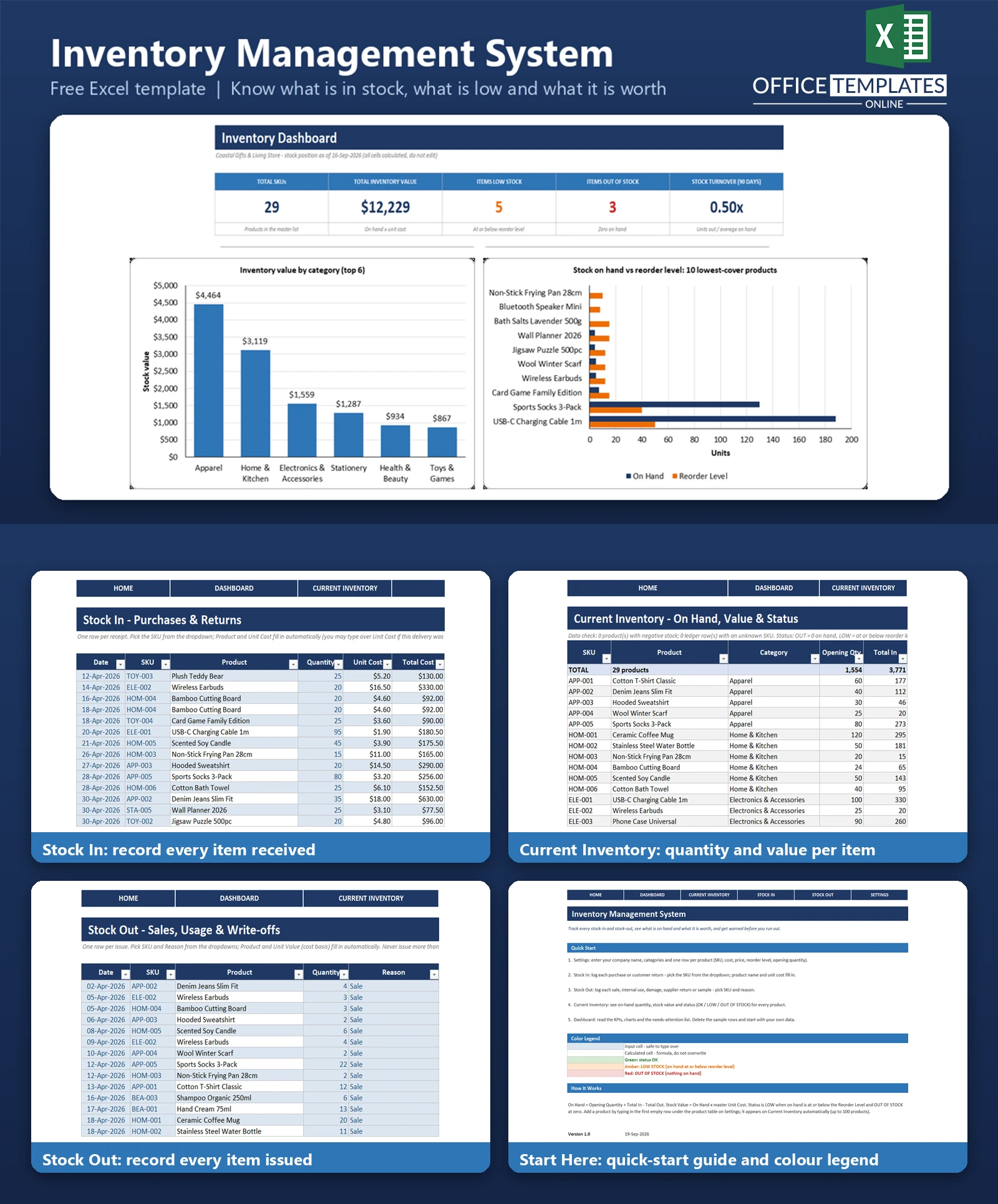 Excel Inventory Management System for tracking stock levels, inventory movements, products, and stock status