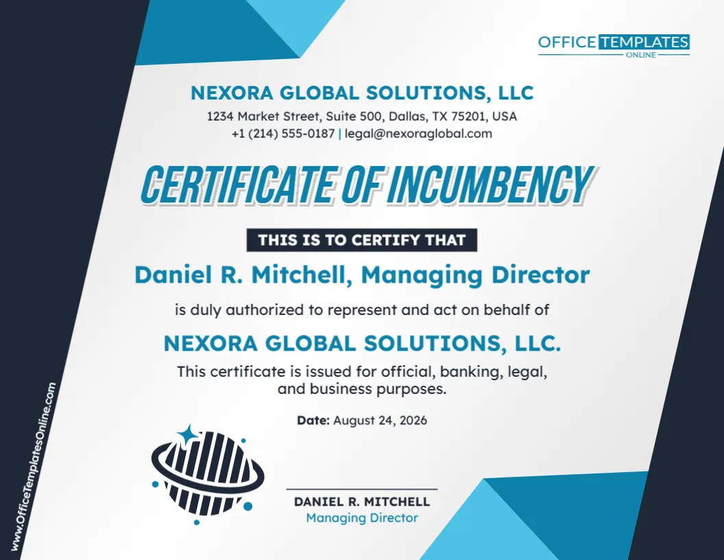 Standard Certificate of Incumbency Template
