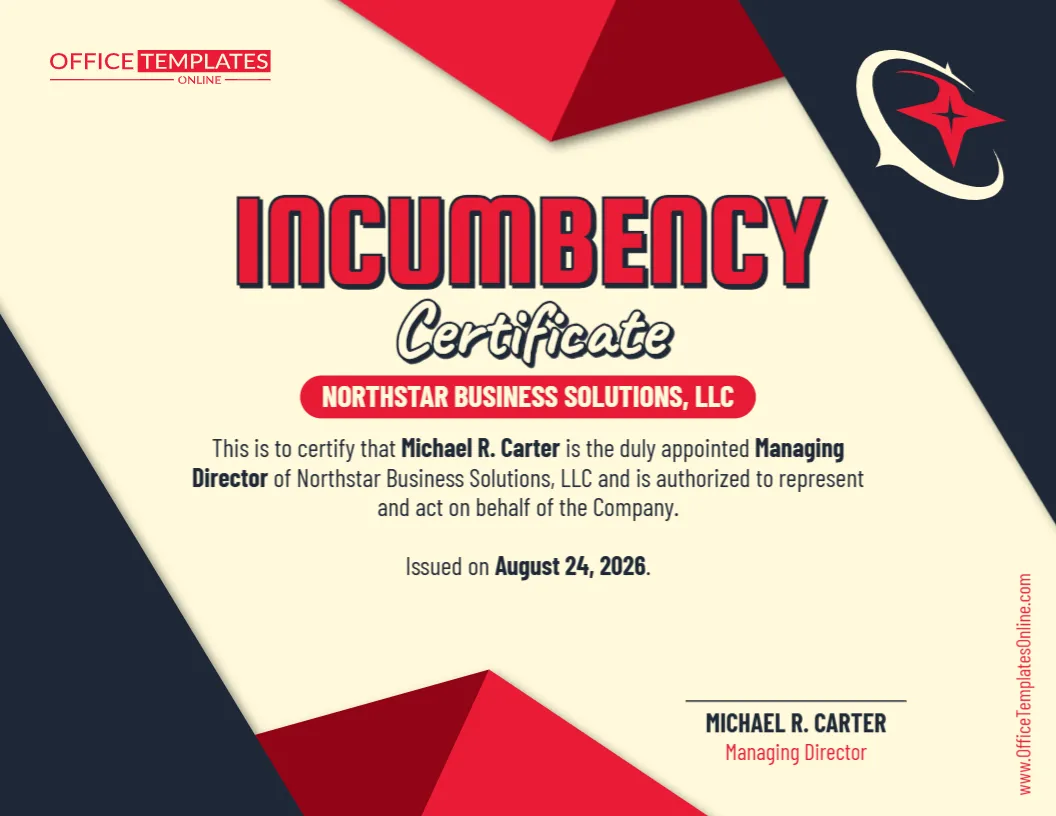 Simple One-Page Certificate of Incumbency Template