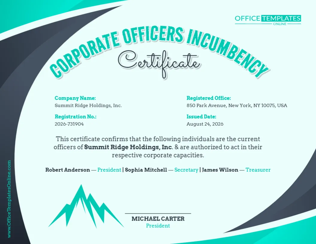 Corporate Officers Incumbency Certificate Template