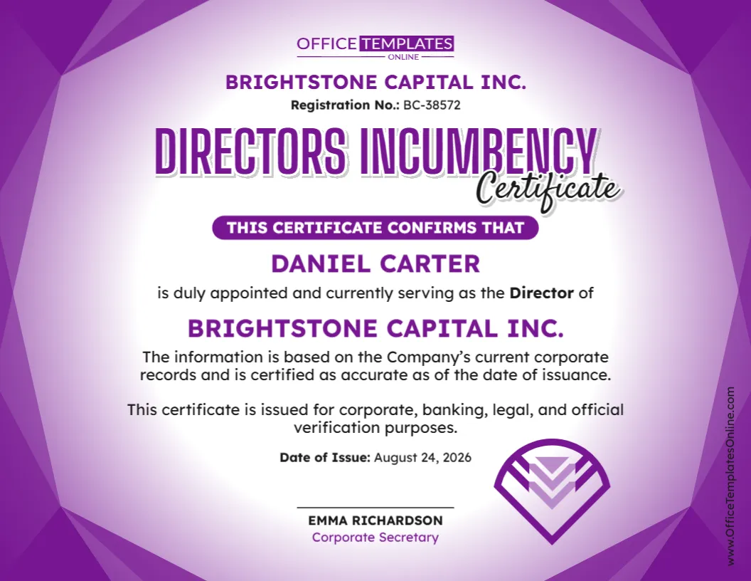 Directors Incumbency Certificate Template