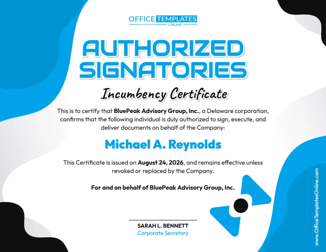 Authorized Signatories Incumbency Certificate Template