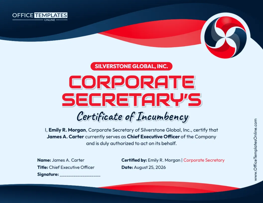 Corporate Secretary’s Certificate of Incumbency Template