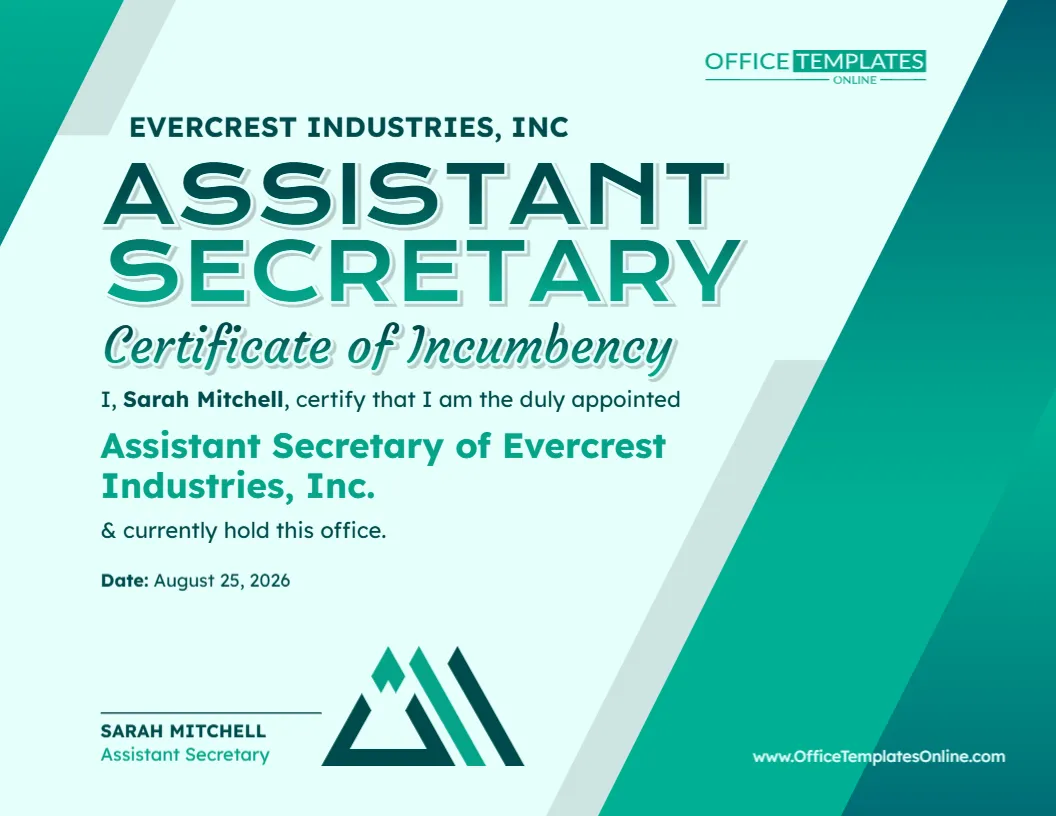 Assistant Secretary Certificate of Incumbency Template