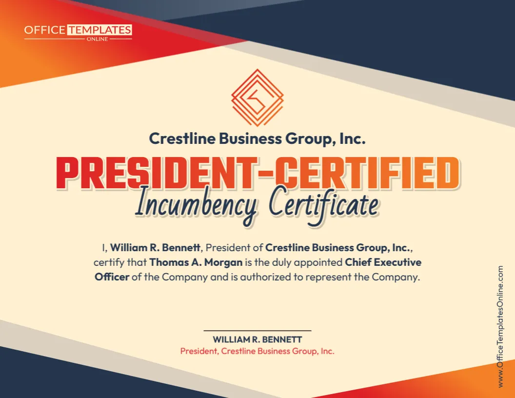 President-Certified Incumbency Certificate Template