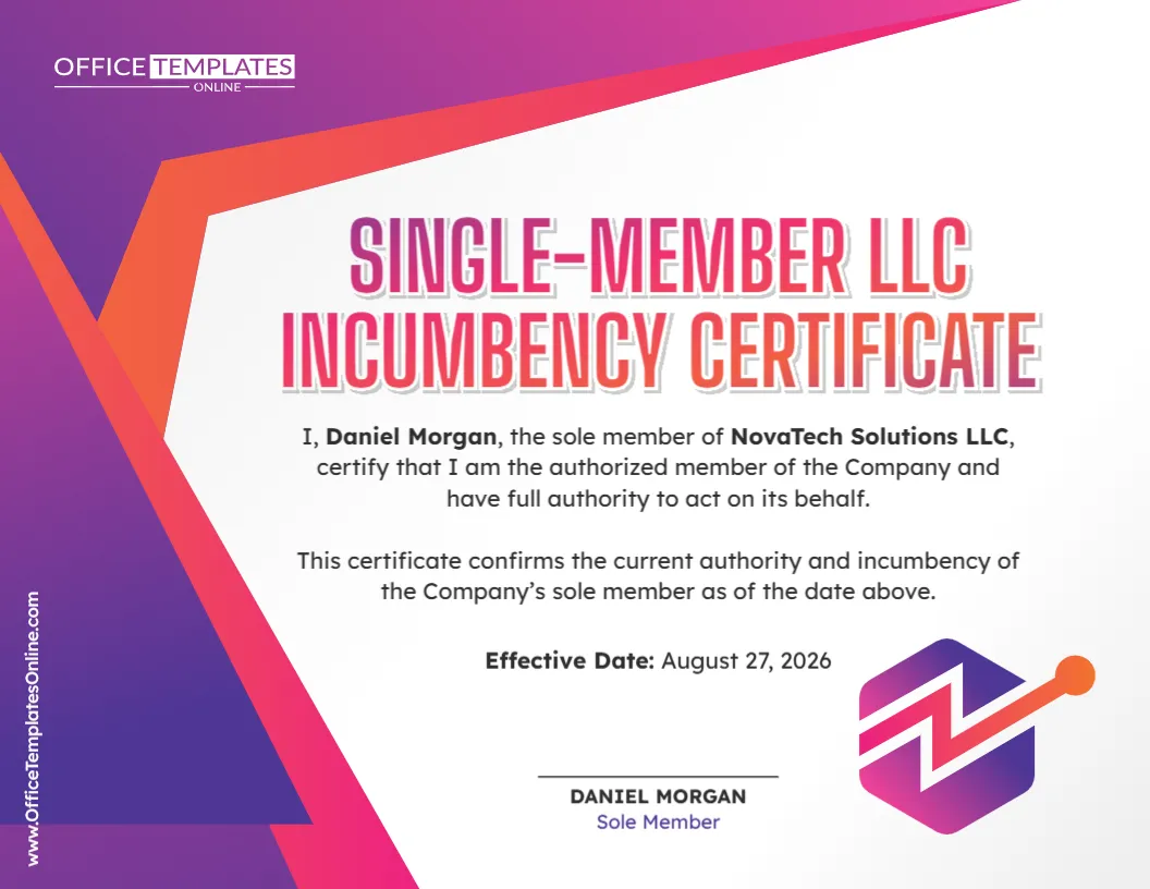Single-Member LLC Incumbency Certificate Template