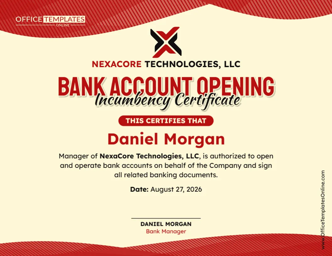 Bank Account Opening Incumbency Certificate Template