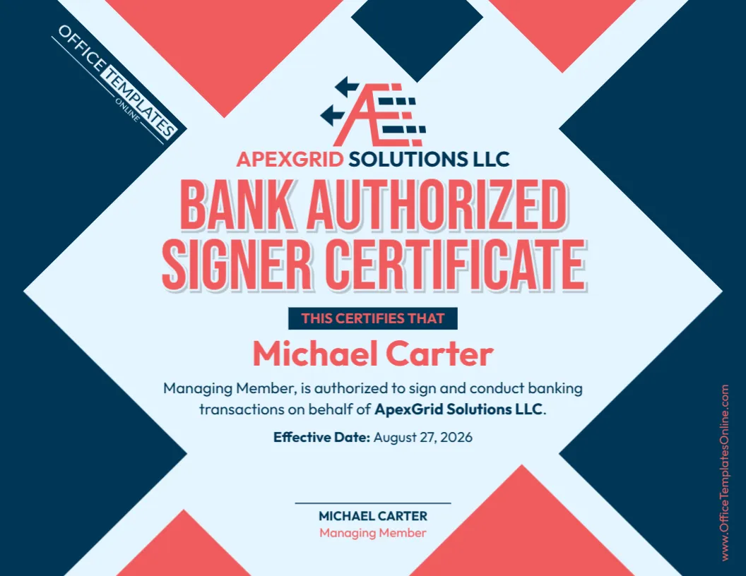 Bank Authorized Signer Certificate Template