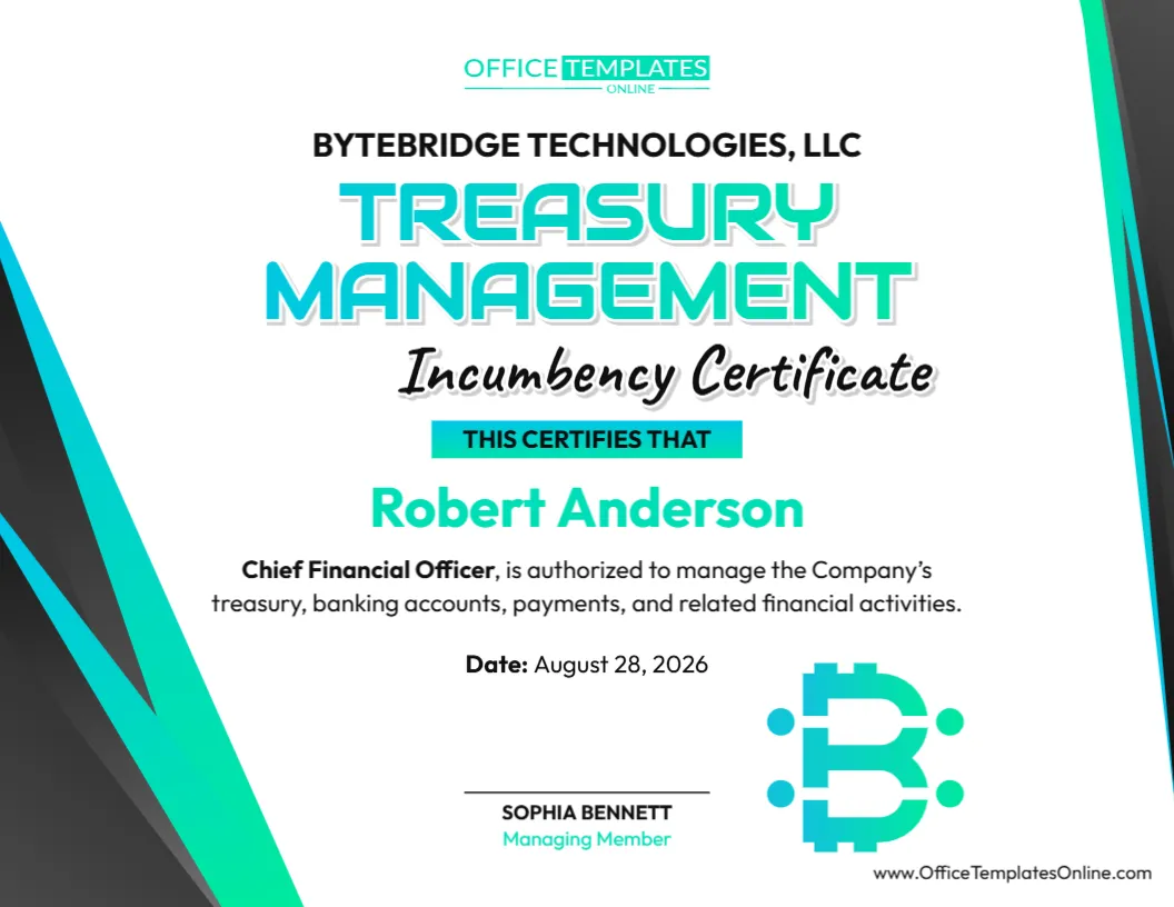 Treasury Management Incumbency Certificate Template