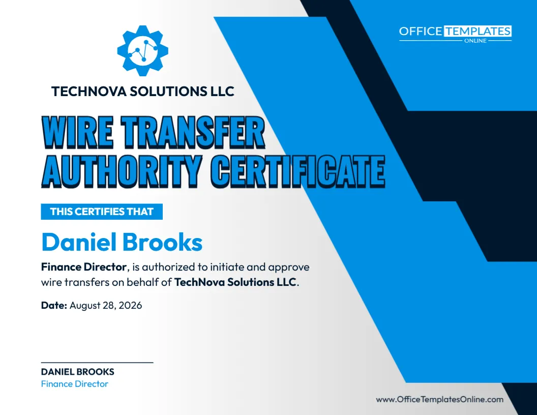 Wire Transfer Authority Certificate Template