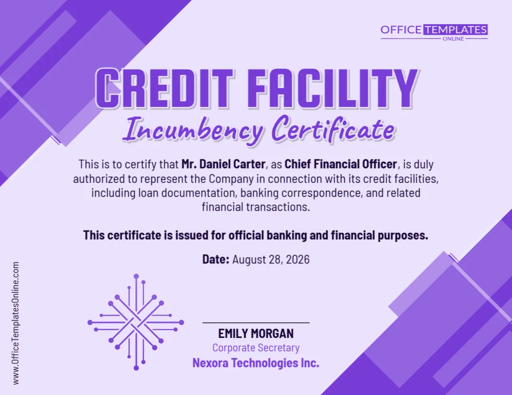 Credit Facility Incumbency Certificate Template