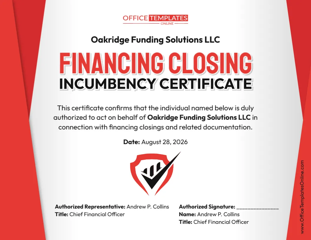 Financing Closing Incumbency Certificate Template