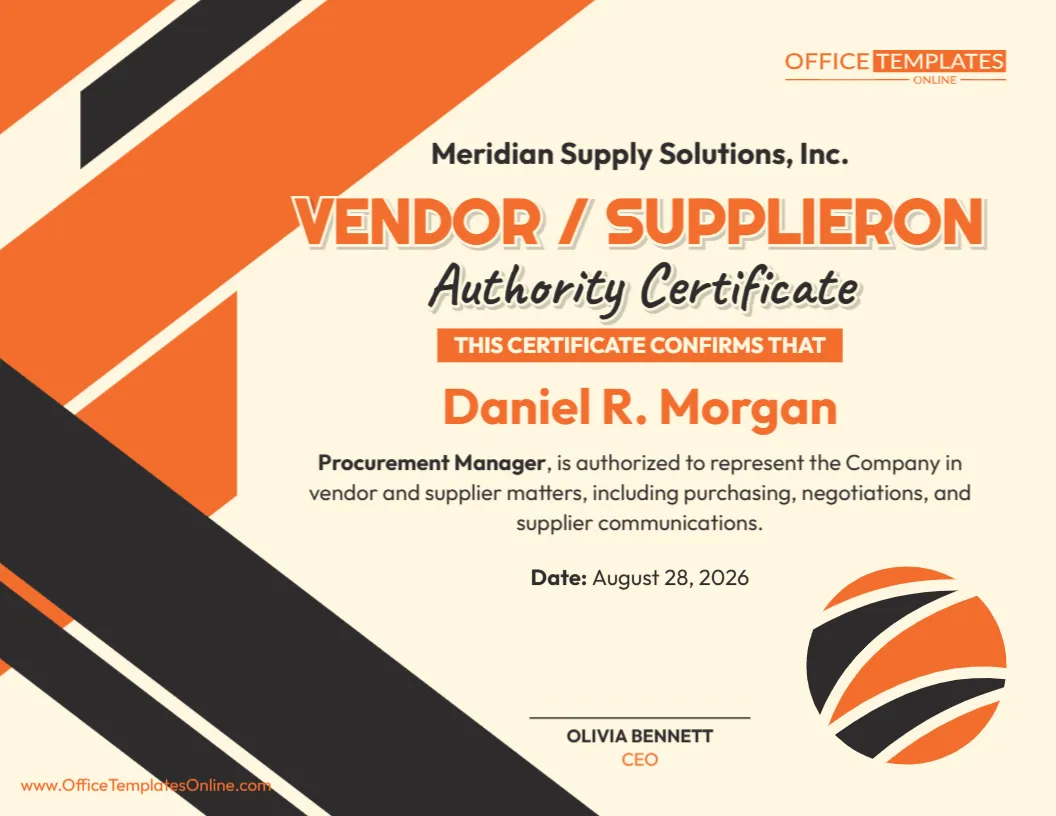 Vendor/Supplier Authority Certificate Template