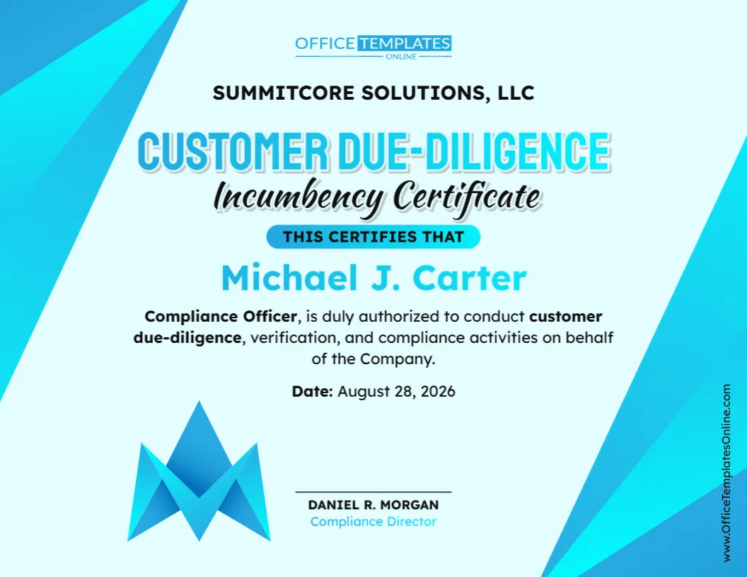 Customer Due-Diligence Incumbency Certificate Template