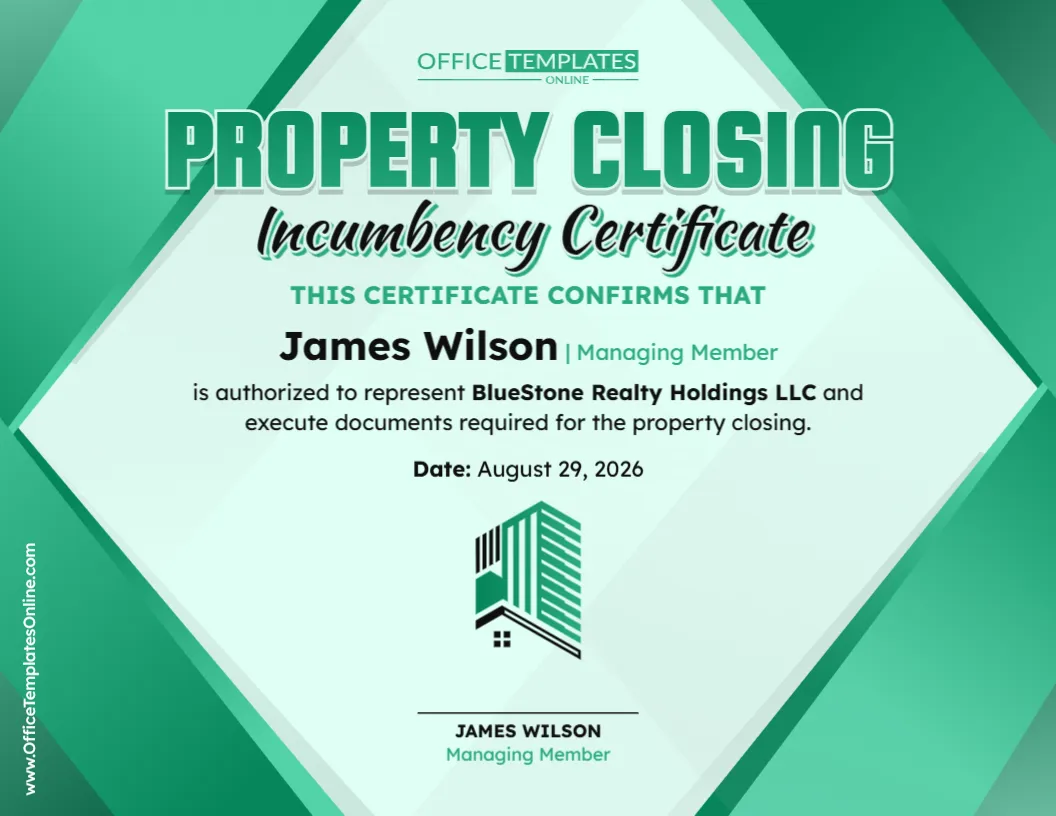 Property Closing Incumbency Certificate Template