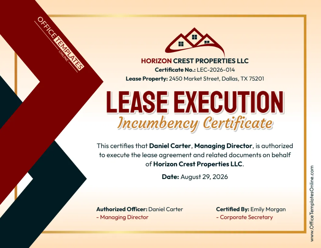Lease Execution Incumbency Certificate Template