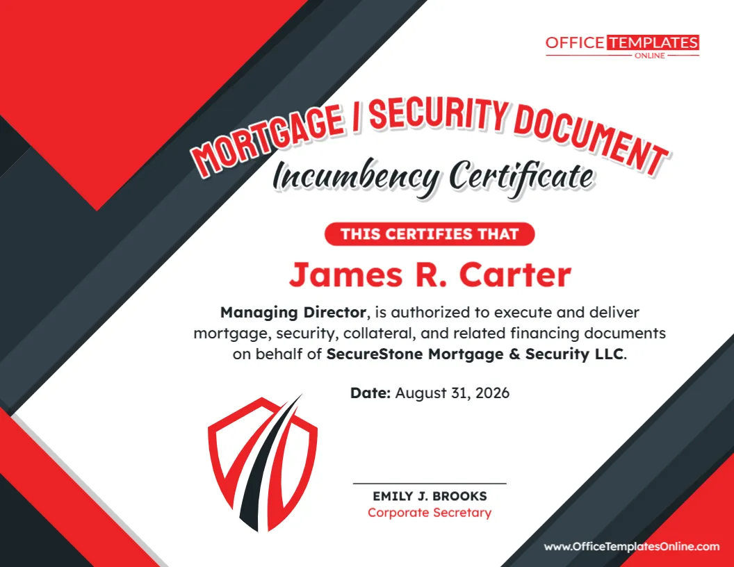 Mortgage/Security Document Incumbency Certificate Template