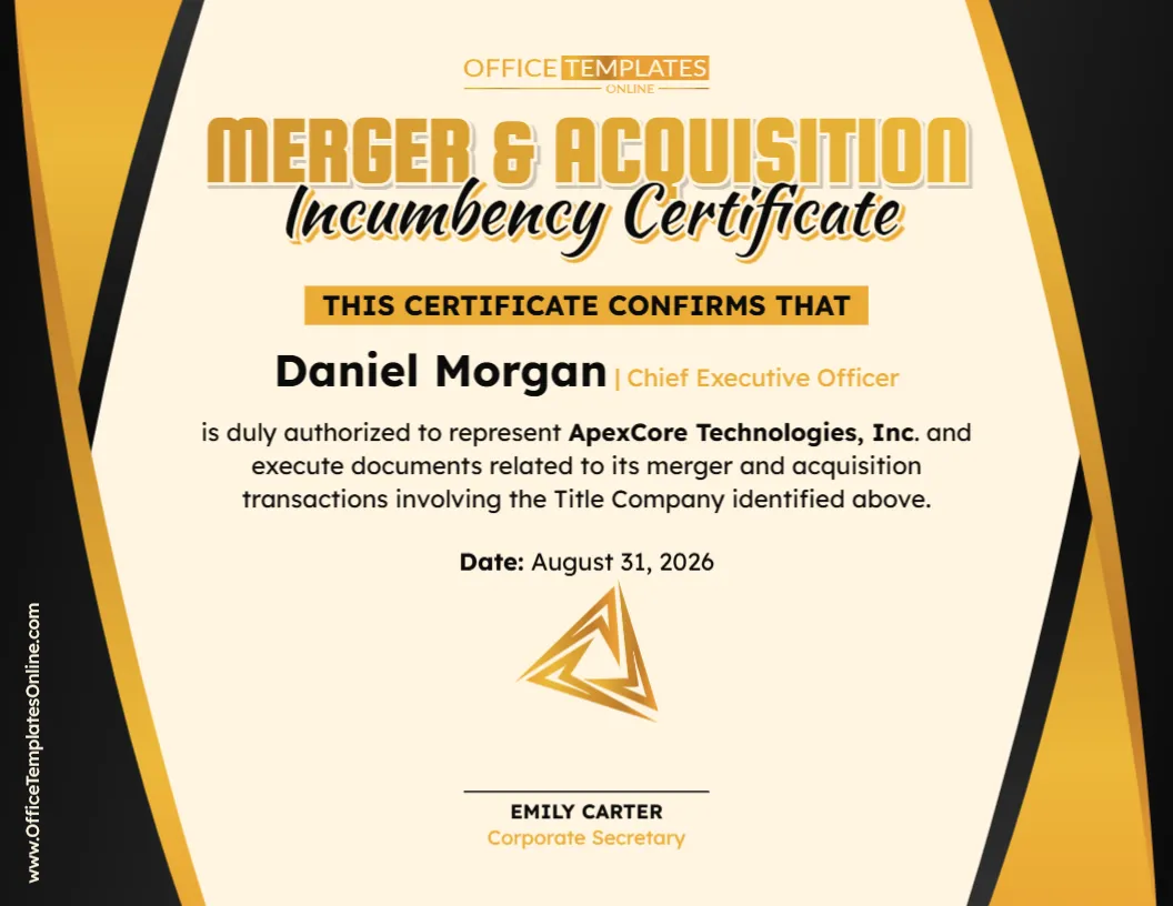 Merger & Acquisition Incumbency Certificate Template