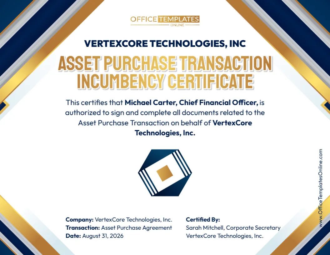 Asset Purchase Transaction Incumbency Certificate Template