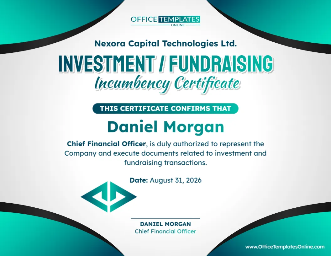 Investment/Fundraising Incumbency Certificate Template