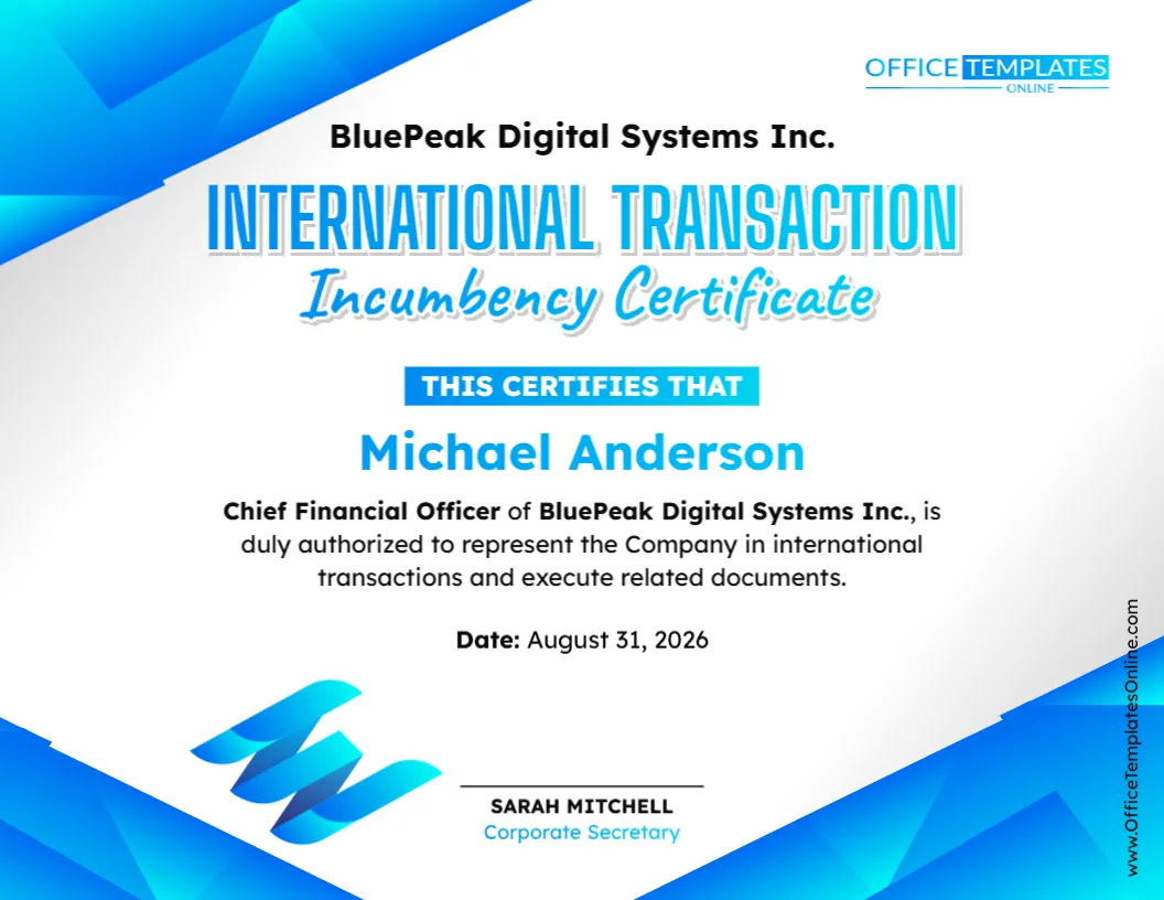 International Transaction Incumbency Certificate Template